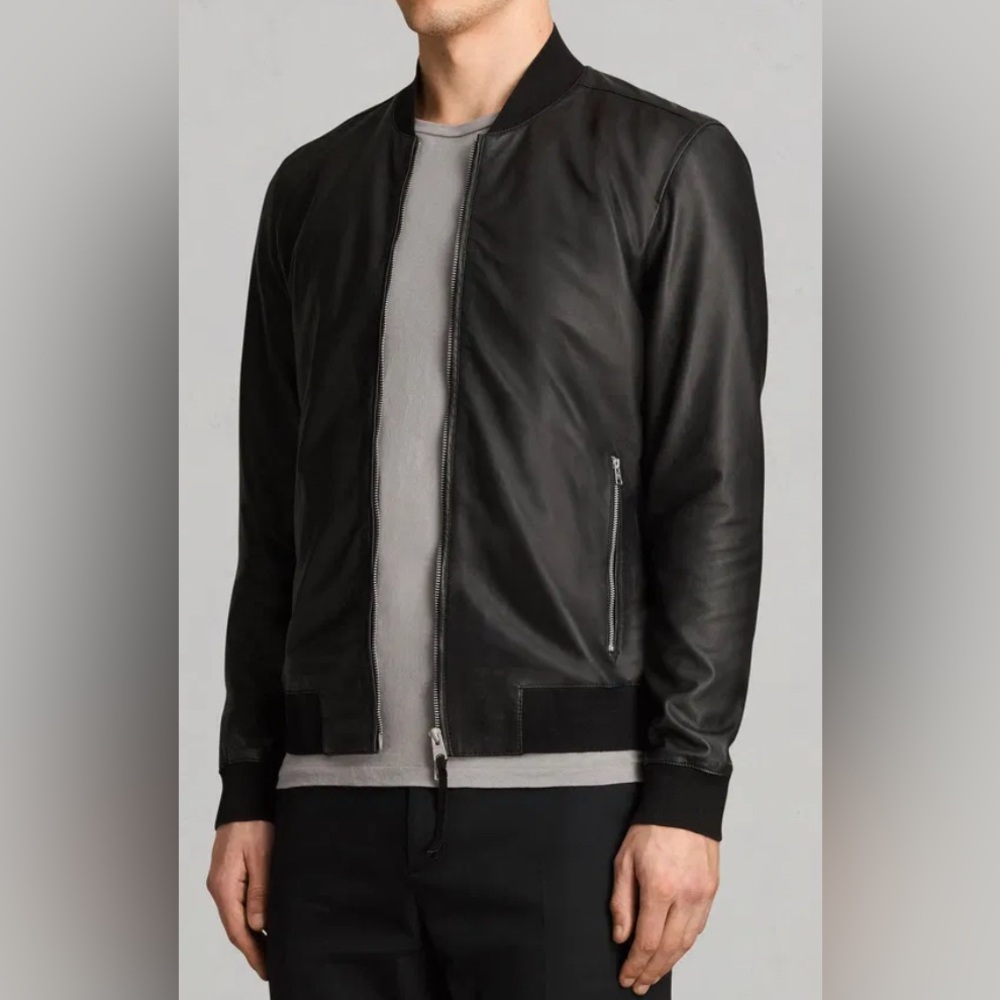 AllSaints Mower Leather Bomber Jacket in Black Size XS New